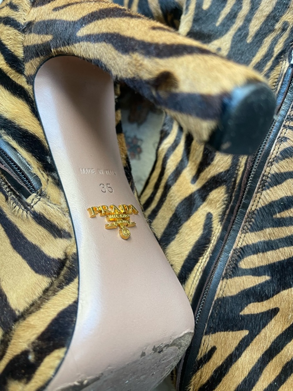 Prada Brown and Black Zebra-Print Knee High Pony Hair Platform Boots - Picture 3 of 13